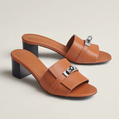 Cognac Leather Slide Sandals with Silver Buckle – Hermès