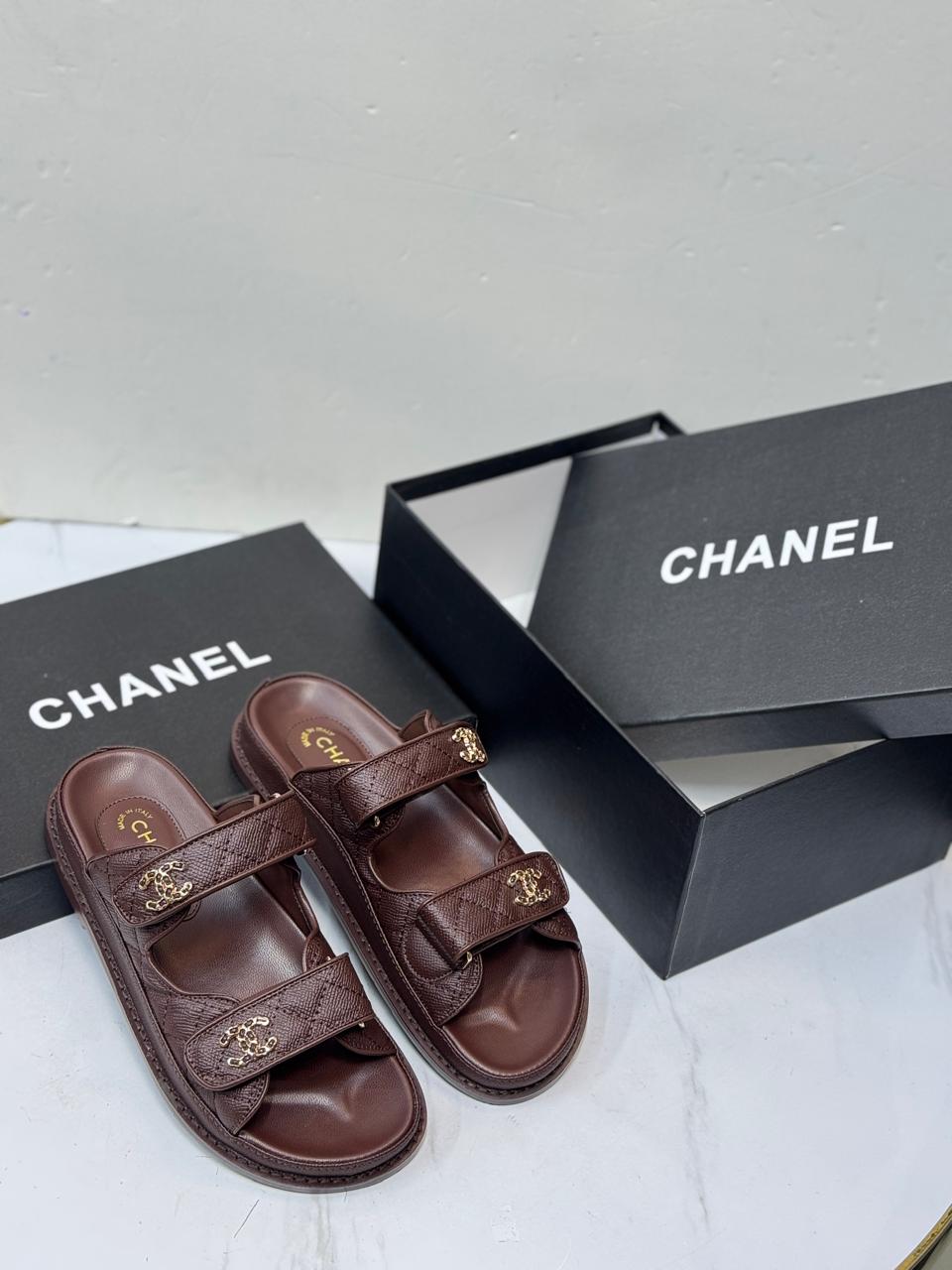 Channel Brown Quilted Leather Double Strap Sandals