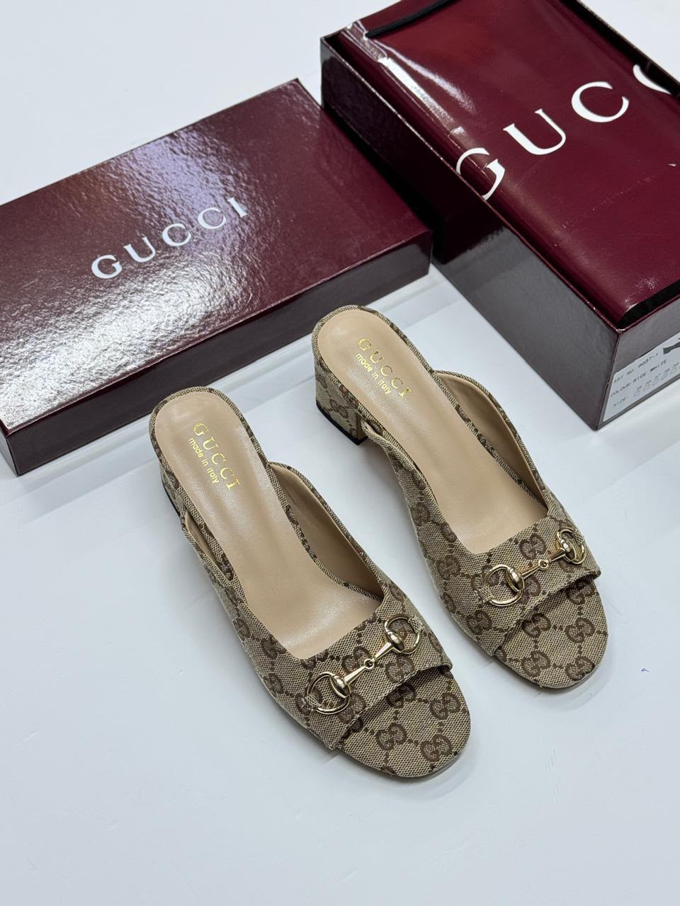 Beige Monogram Canvas Horsebit Block Heel Slide Sandals