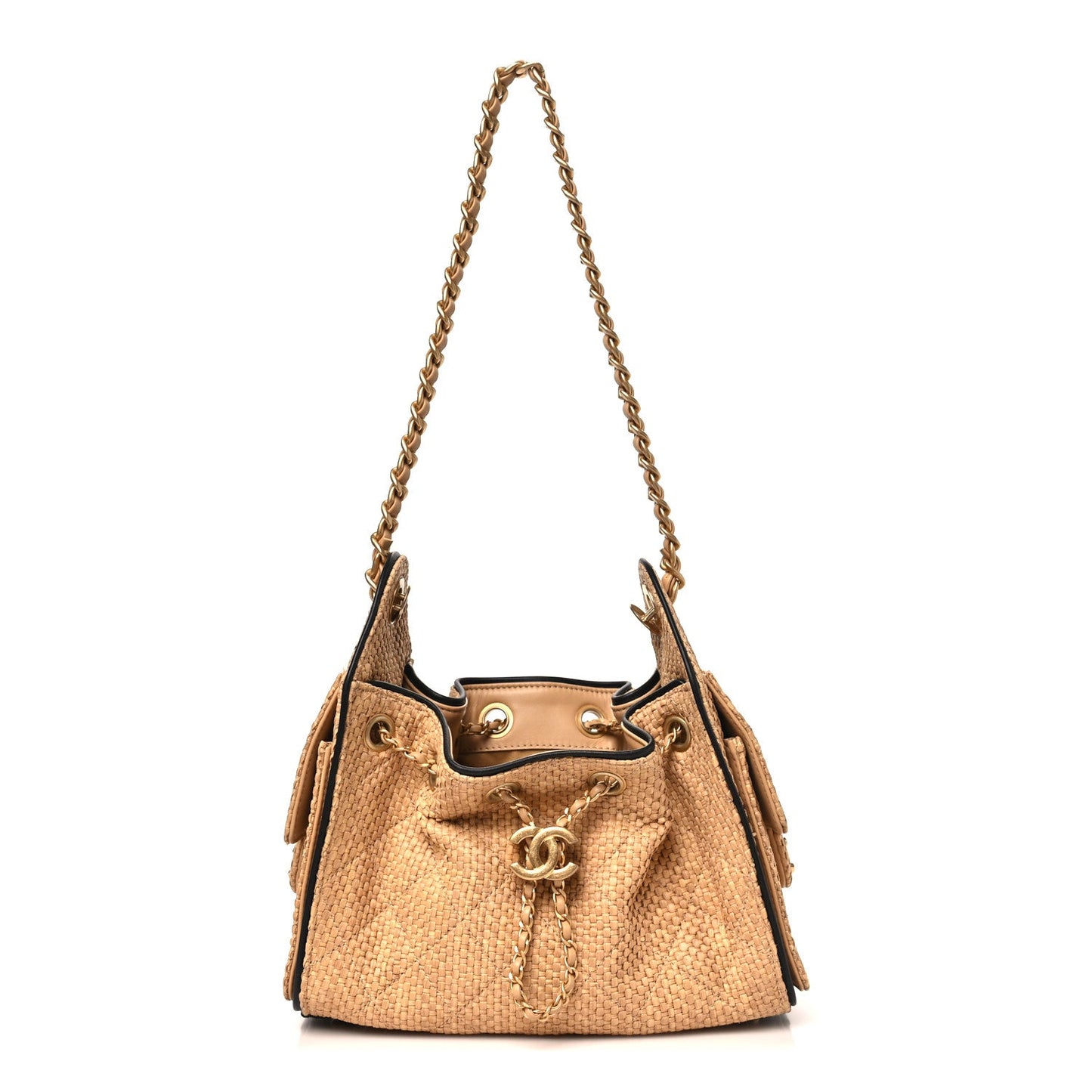 Channel Tan Woven Quilted Bucket Bag.