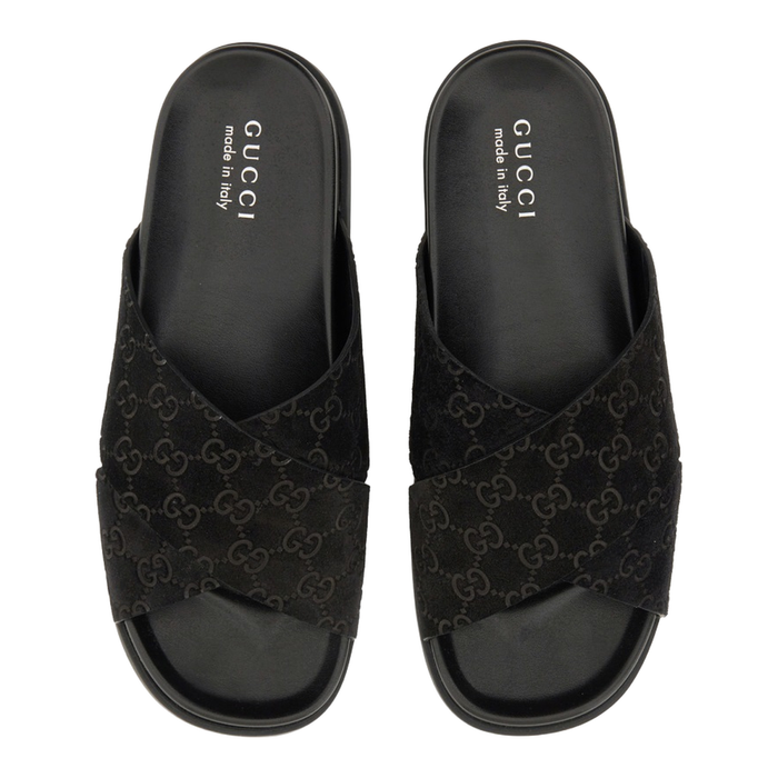 Gucci GG Canvas Crossover Slide Sandals Black Men's Designer Slides