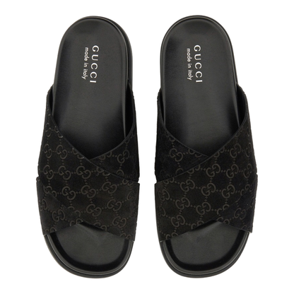 Gucci GG Canvas Crossover Slide Sandals Black Men's Designer Slides