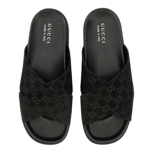 Gucci GG Canvas Crossover Slide Sandals Black Men's Designer Slides