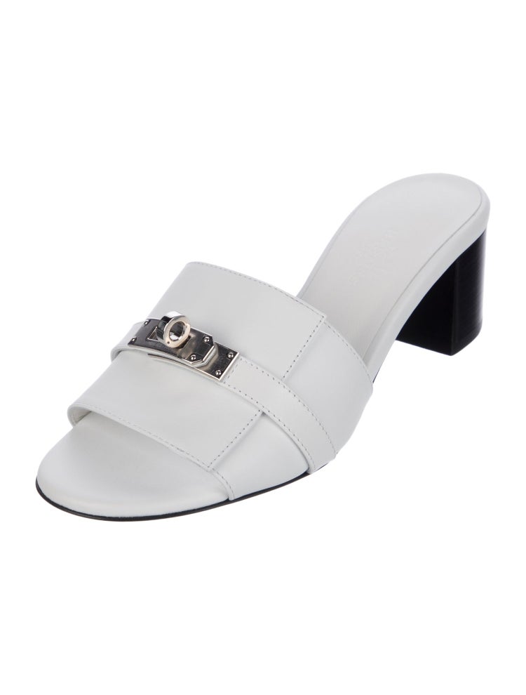 White Leather Slide Sandals with Silver Buckle – Hermès