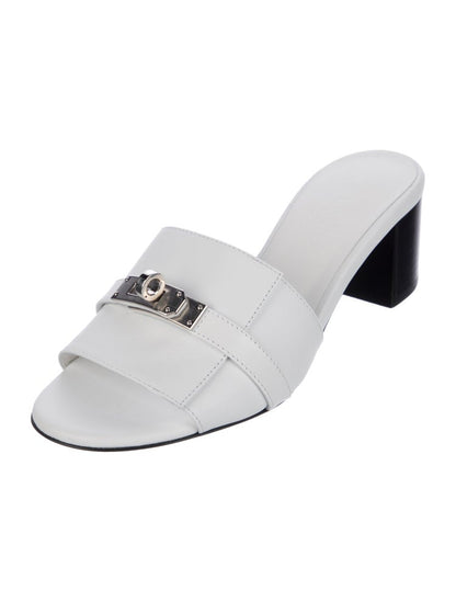 White Leather Slide Sandals with Silver Buckle – Hermès