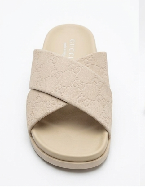 Men's Beige Cross Strap Slides | Premium Comfort Flat Slippers | Casual Slip-On Sandals