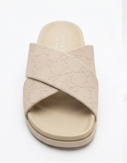 Men's Beige Cross Strap Slides | Premium Comfort Flat Slippers | Casual Slip-On Sandals