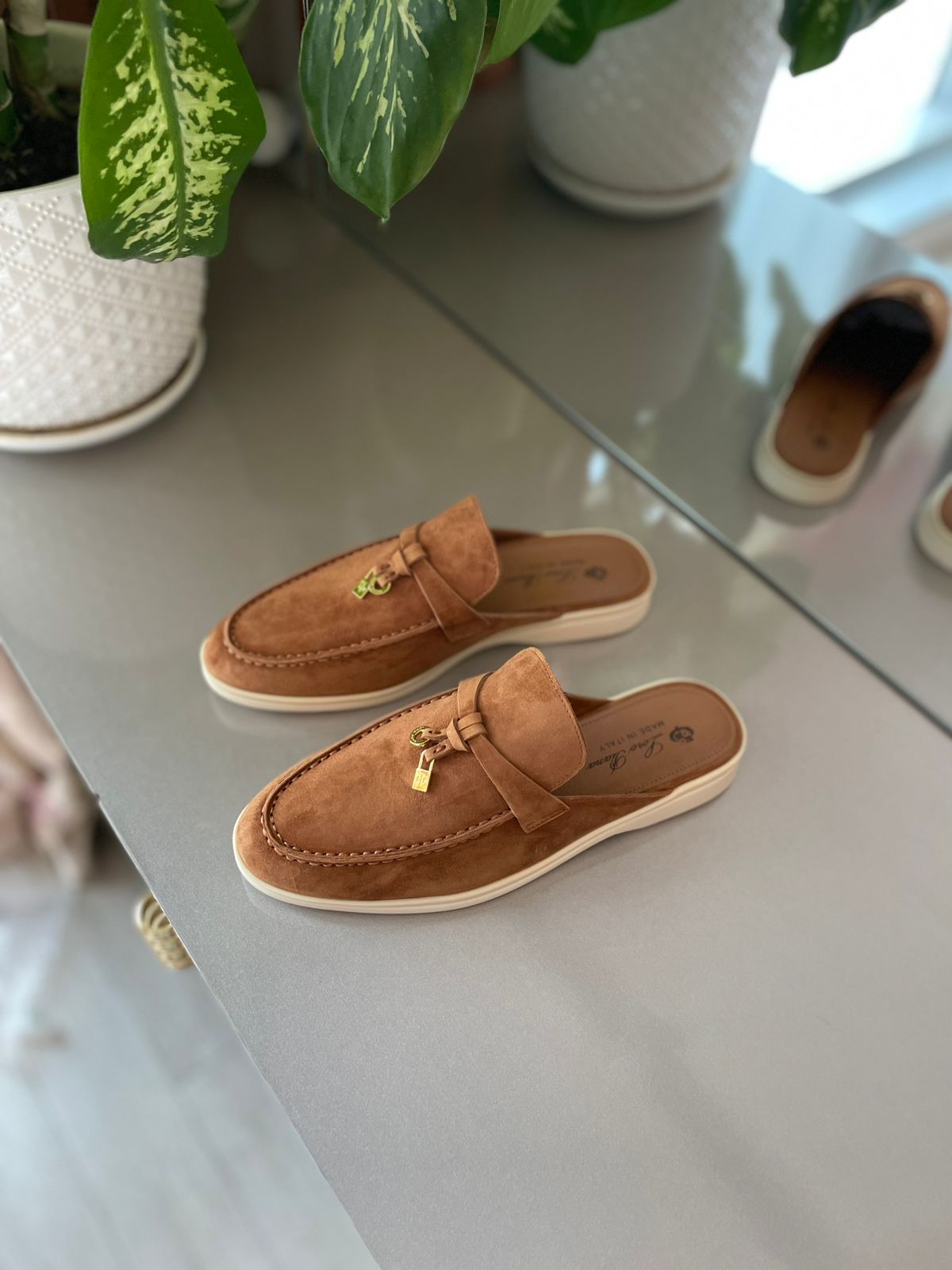 Loro Piana Women's Cognac Brown Suede Mule Loafers