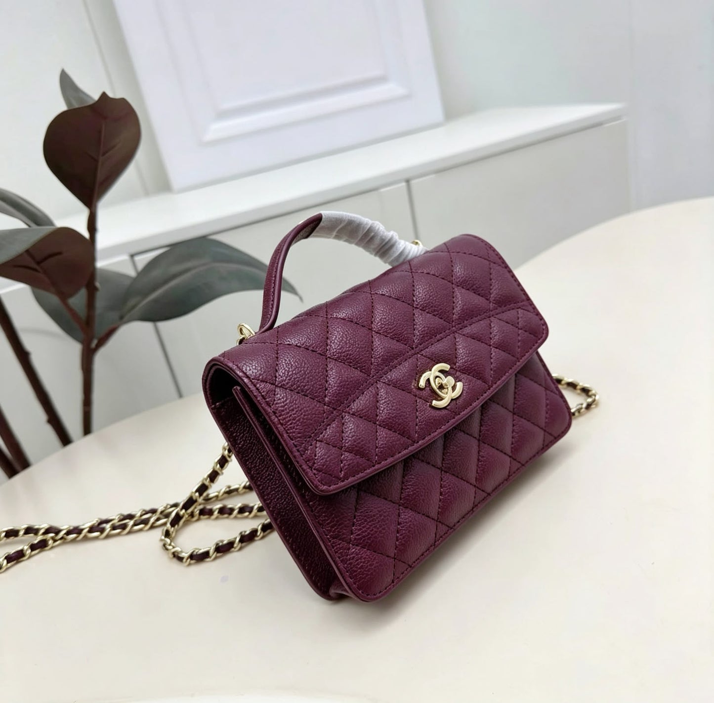 Channel-Burgundy Quilted Top Handle Bag with Gold Chain Strap