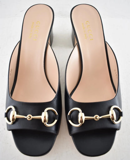 Gucci Black Leather Horsebit Block Heel Slide Sandals