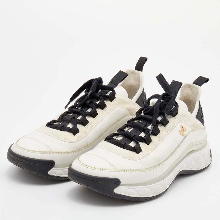 CHANEL Quilted Sole Mesh & Calfskin Sneakers–White/Black
