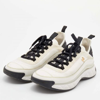 CHANEL Quilted Sole Mesh & Calfskin Sneakers–White/Black