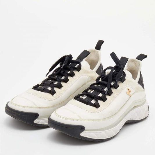 CHANEL Quilted Sole Mesh & Calfskin Sneakers–White/Black