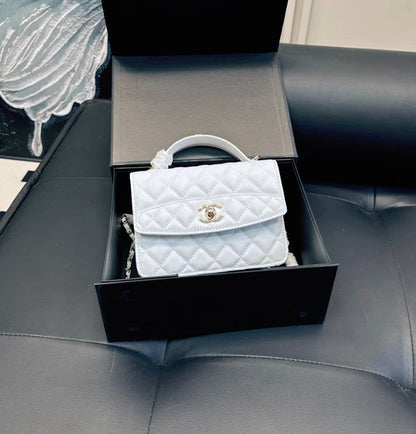 Channel White Quilted Top Handle Bag with Chain Strap