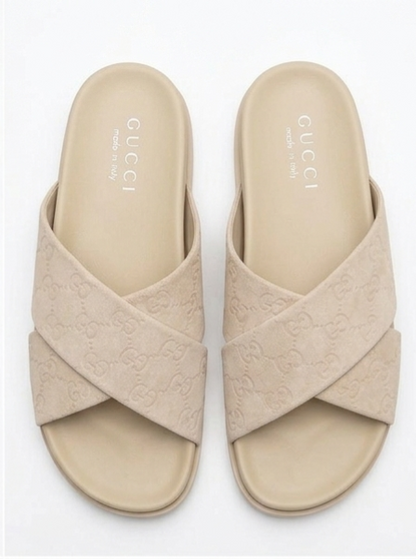 Men's Beige Cross Strap Slides | Premium Comfort Flat Slippers | Casual Slip-On Sandals