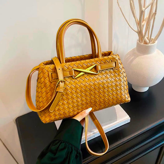 Mustard Woven Leather Bottega-Inspired Tote Bag