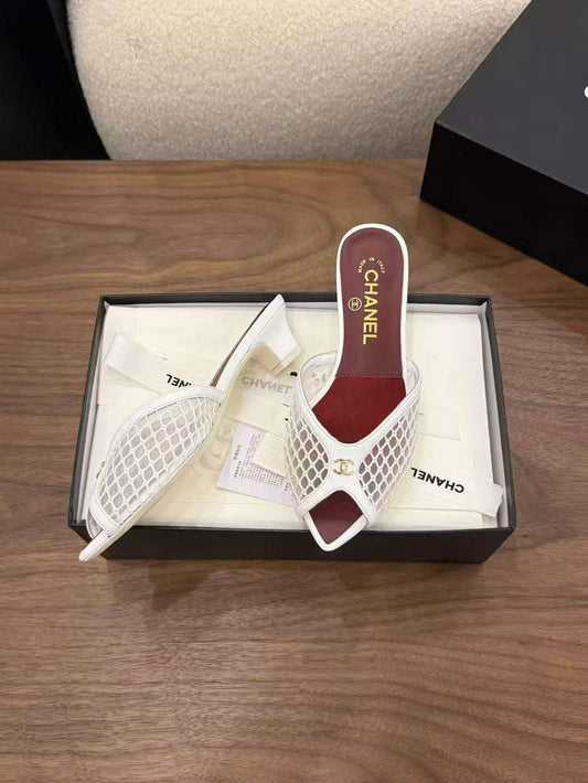 Chanel White Mesh Open-Toe CC-Inspired Mule Sandals