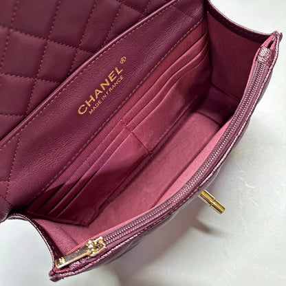 Channel-Burgundy Quilted Top Handle Bag with Gold Chain Strap