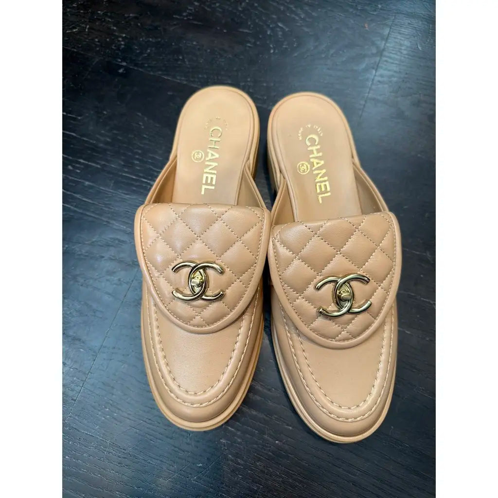 Channel Beige Quilted Leather Flat Mule Slides