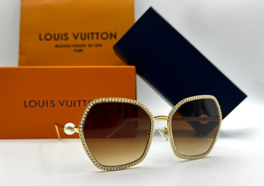 Louis Vuitton Inspired Pearl Embellished Gold Sunglasses
