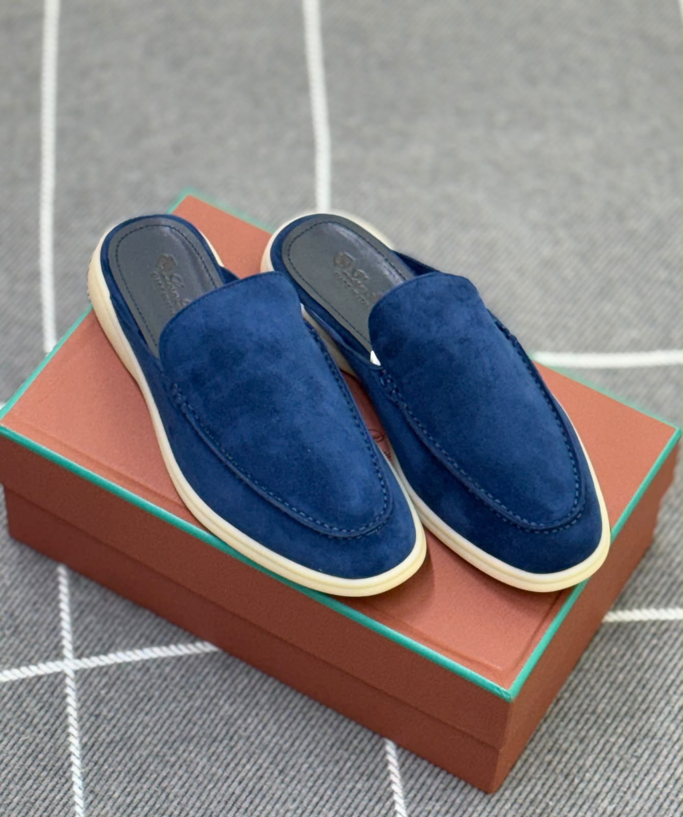 Navy Blue Suede Loro Piana-Inspired Backless Loafer Mules