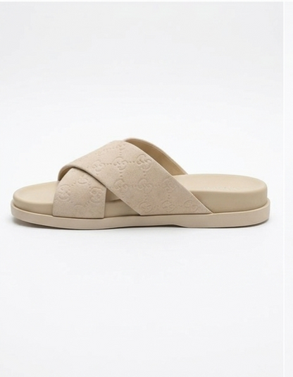 Men's Beige Cross Strap Slides | Premium Comfort Flat Slippers | Casual Slip-On Sandals