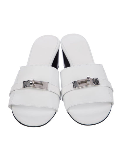 White Leather Slide Sandals with Silver Buckle – Hermès