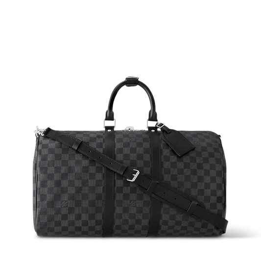 Gray Checkered Leather Keepall Bandoulière-Inspired Duffle Bag