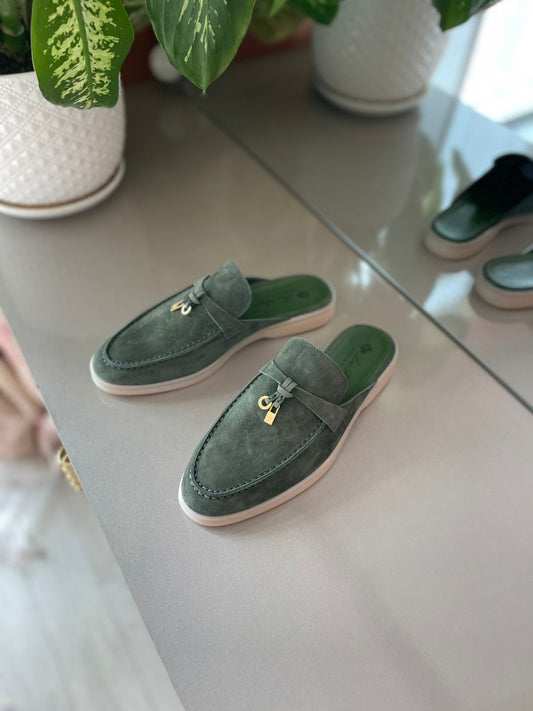 Loro Piana Women's Olive Green Suede Mule Loafers – Backless Slip-On Flats