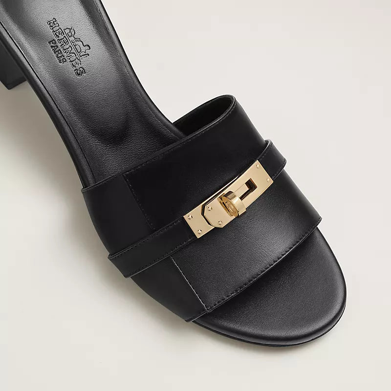 Black Leather Slide Sandals with Silver Buckle – Hermès