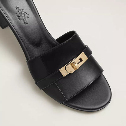 Black Leather Slide Sandals with Silver Buckle – Hermès