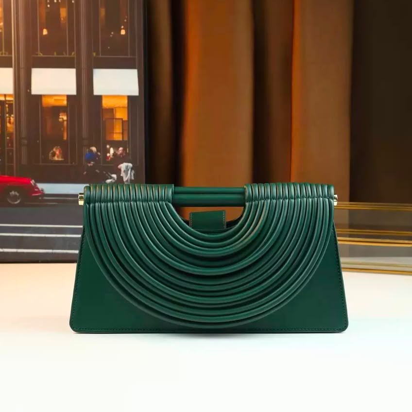 Bottega Green Ribbed Arch Handle Clutch women Bag