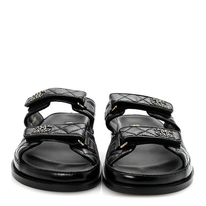 Channel Black Quilted Leather Double Strap Sandals