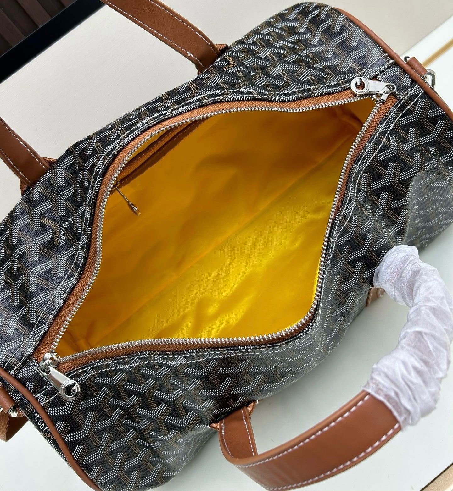 Chevron Print Leather-Trim Travel Duffel Bag for Men & Women