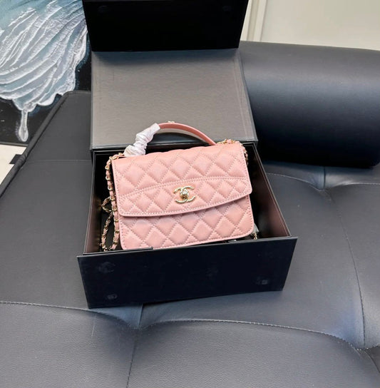 Channel Pink Quilted Top Handle Bag with Chain Strap