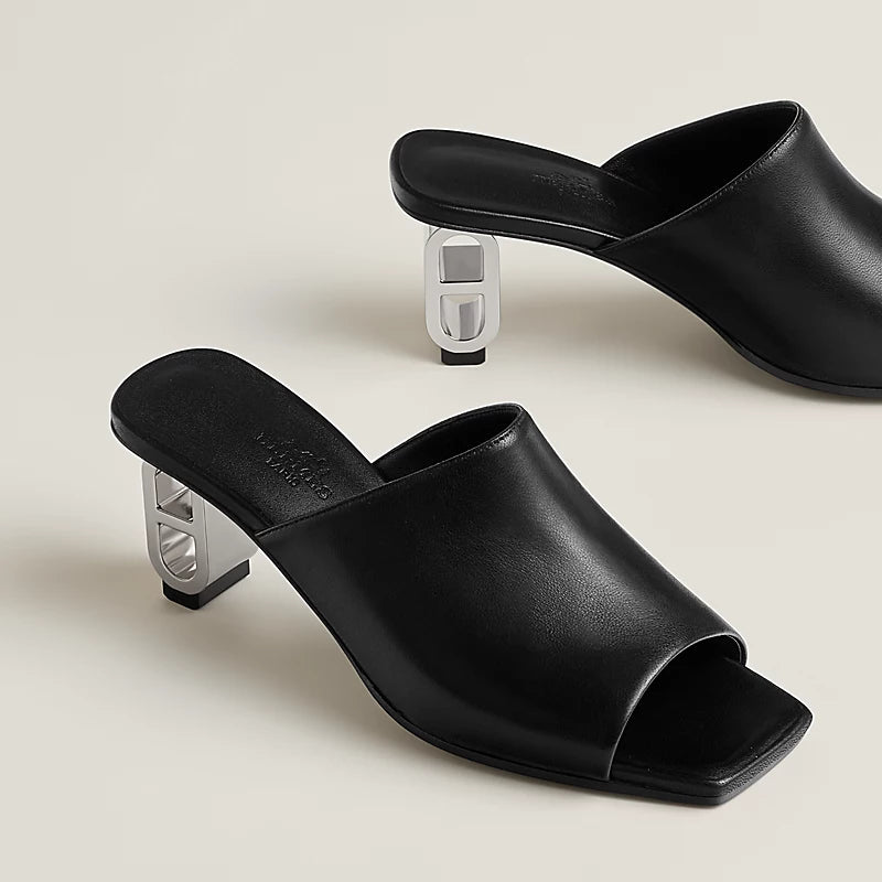 Hermès Black Leather-Link Sculptural Heel