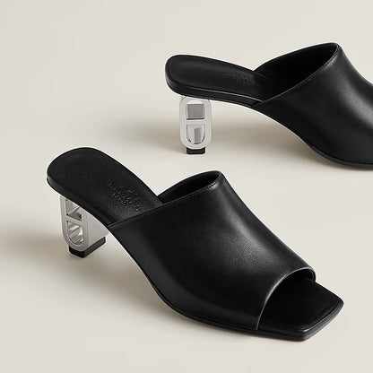 Hermès Black Leather-Link Sculptural Heel