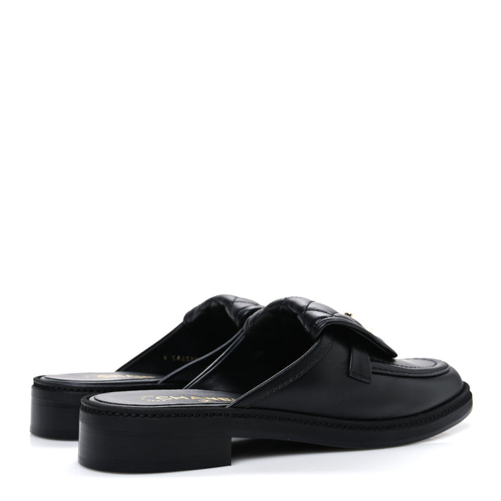 Channel Black Quilted Leather Flat Mule Slides