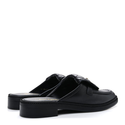 Channel Black Quilted Leather Flat Mule Slides