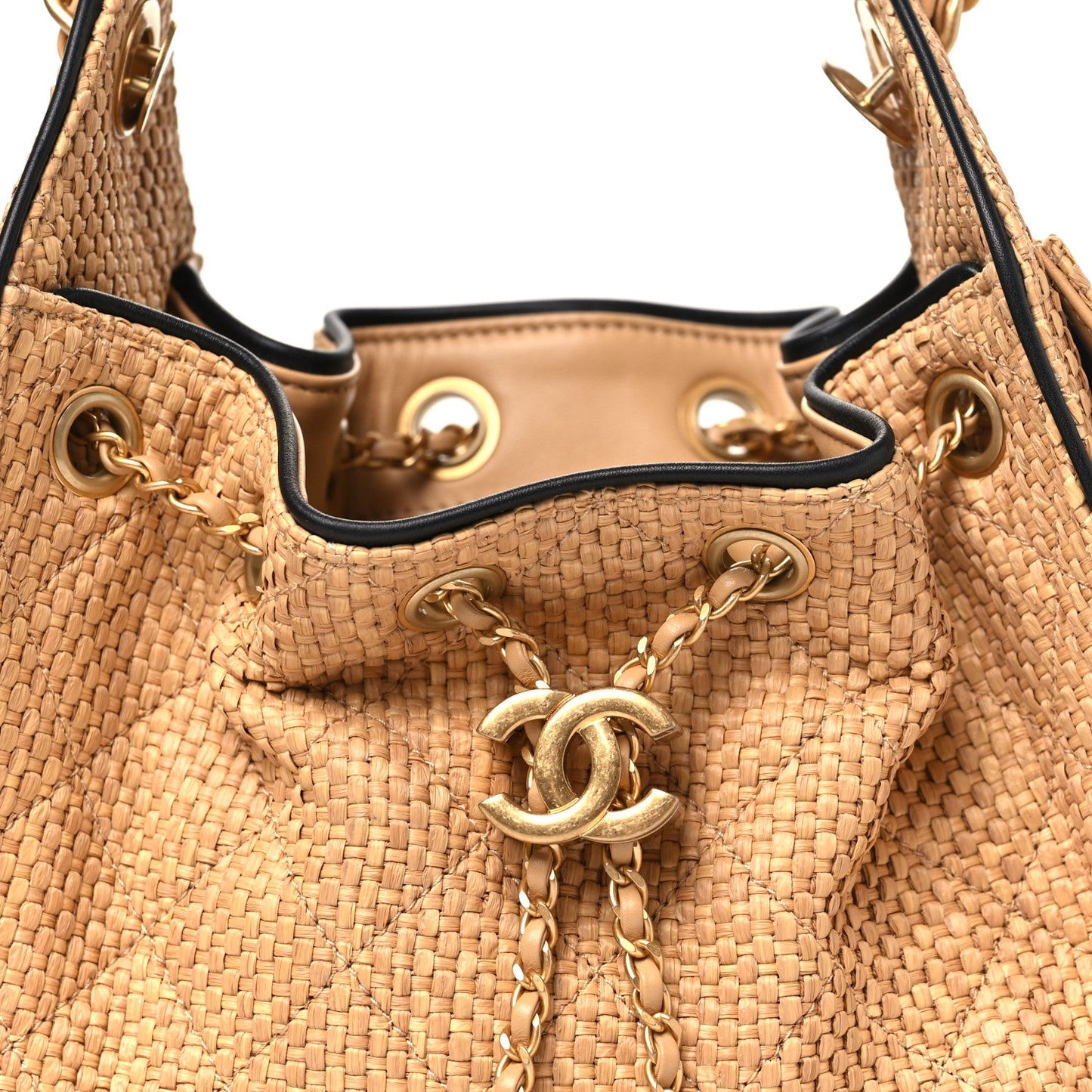 Channel Tan Woven Quilted Bucket Bag.