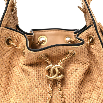Channel Tan Woven Quilted Bucket Bag.