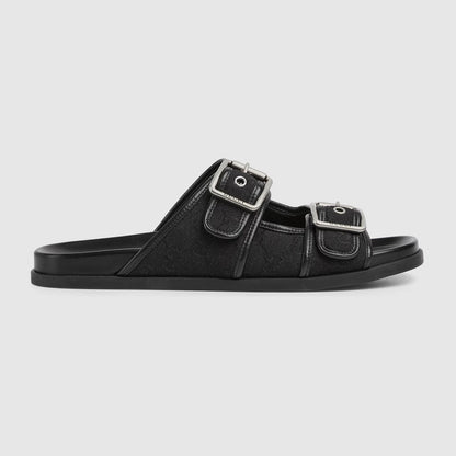 Gucci Double Buckle Suede Slide Sandals black
