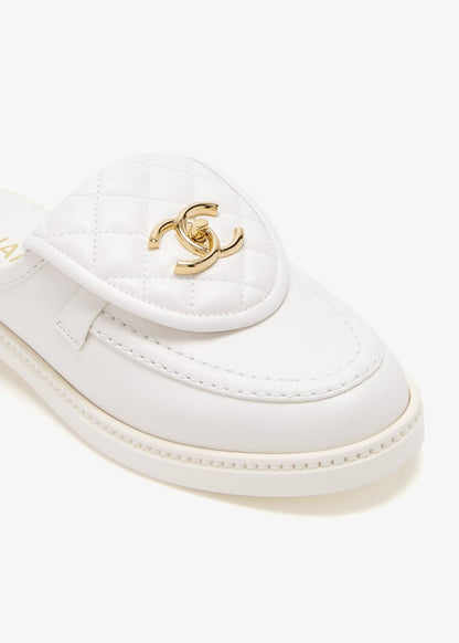 Channel White Quilted Leather Flat Mule Slides