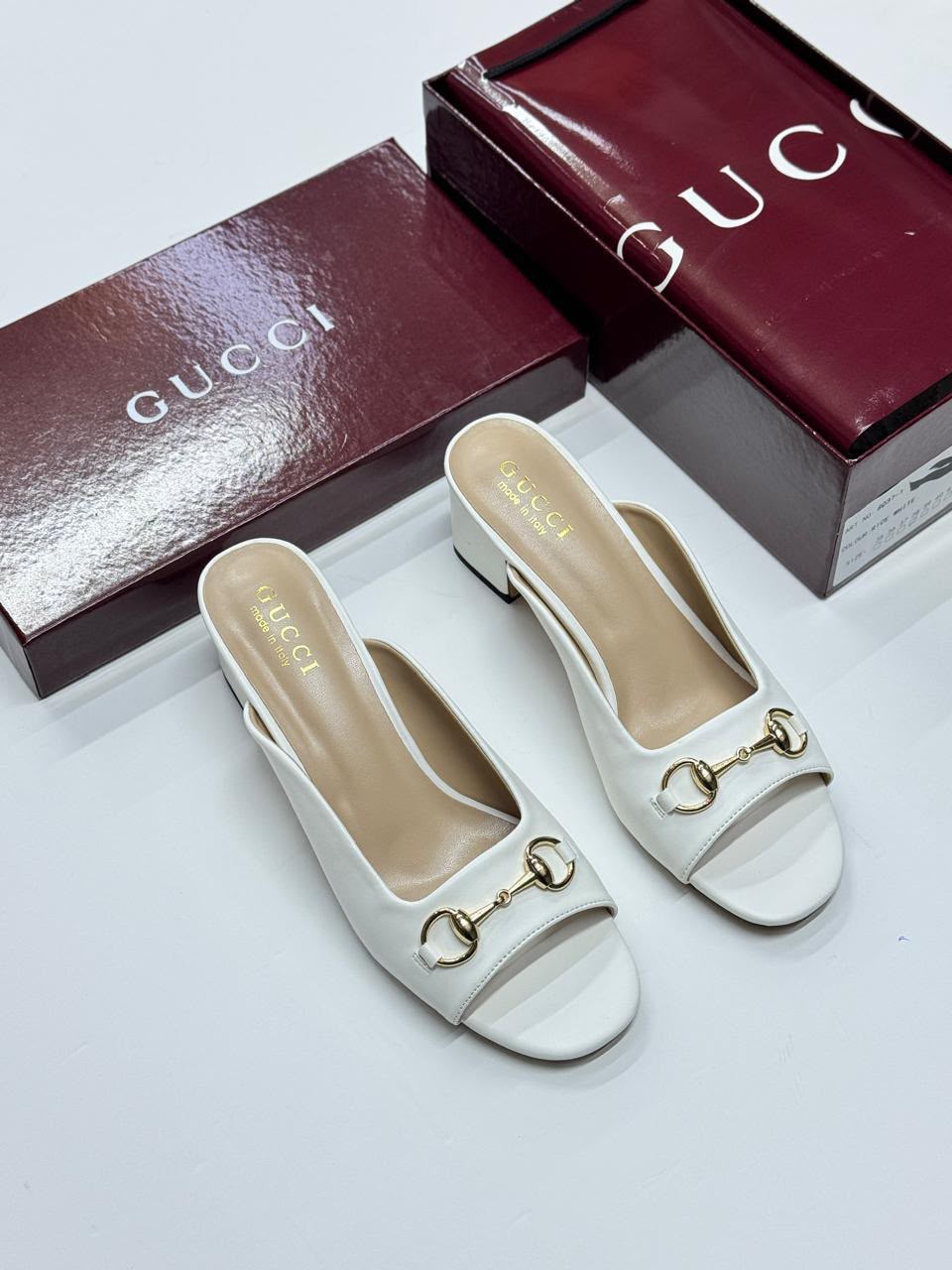 White Leather Horsebit Block Heel Slide Sandals