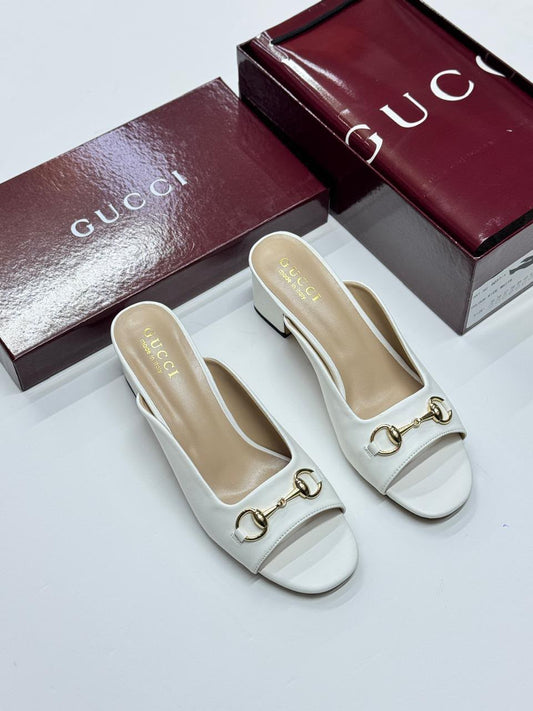 White Leather Horsebit Block Heel Slide Sandals