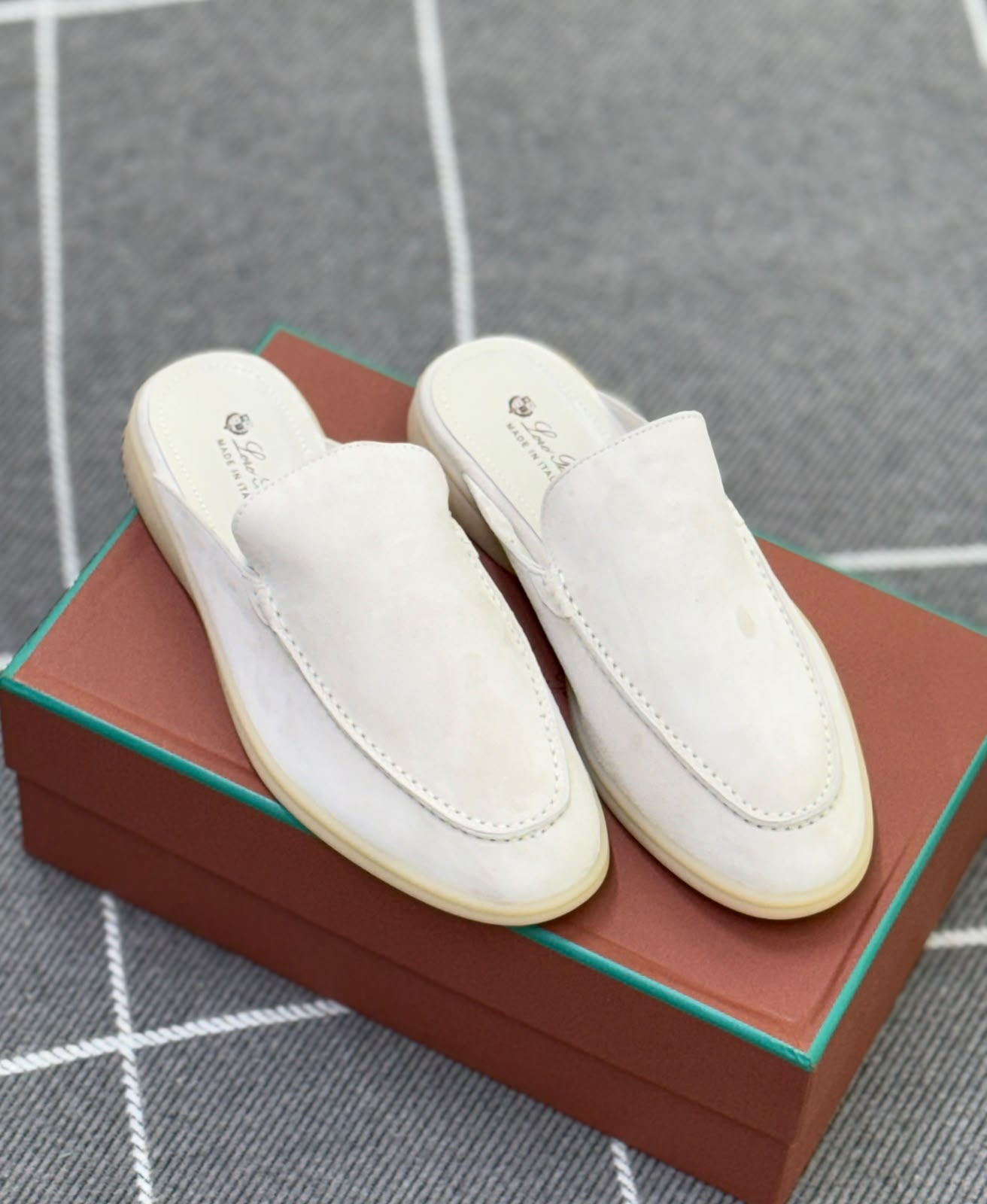 White Suede Loro Piana-Inspired Backless Loafer Mules