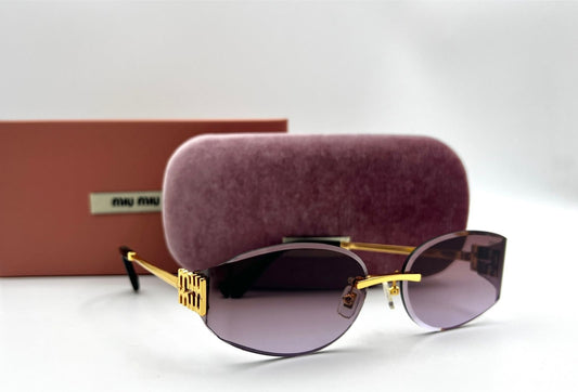 Miu Miu Inspired Rimless Purple Oval Sunglasses Gold Frame Women