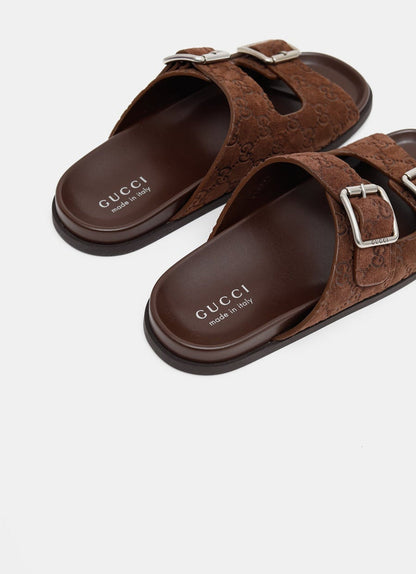Gucci Double Buckle Suede Slide Sandals