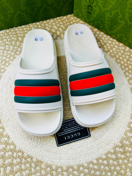 Gucci Men's White Rubber Slide Sandals – Green-Red-Green Web Stripe Pool Slippers
