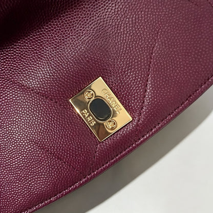 Channel-Burgundy Quilted Top Handle Bag with Gold Chain Strap